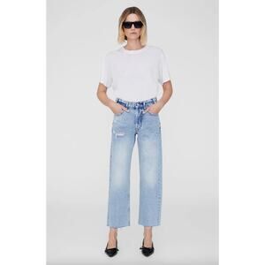 Anine Bing Gavin High Rise Distressed Straight Jeans Washed Blue Crop US 25